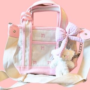 Madden Girl Mini Tote Pink Canvas Bow Bag with Charm & Pouch NWT